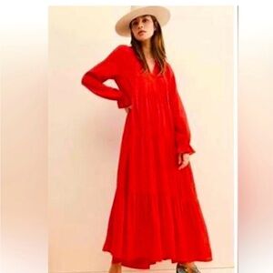 Anthropologie Bold Red Long Sleeve Dress